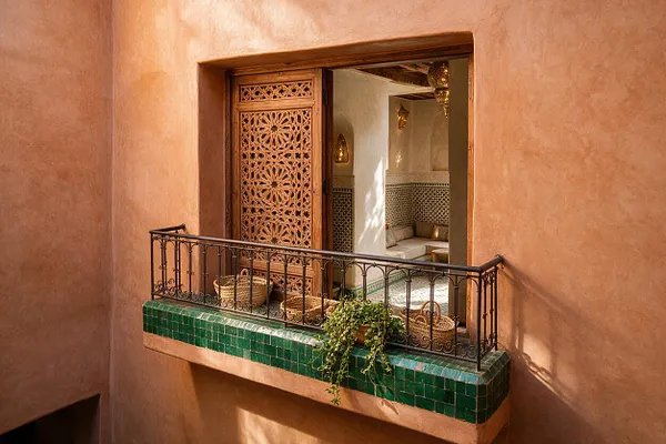 A Moroccan-style exterior balcony with peach-toned stucco walls, a deep green zellige tile ledge, and a wrought-iron railing. The opening is framed by an intricately carved wooden screen, revealing a softly lit interior with patterned wall tile, arched details, and warm lantern lighting.