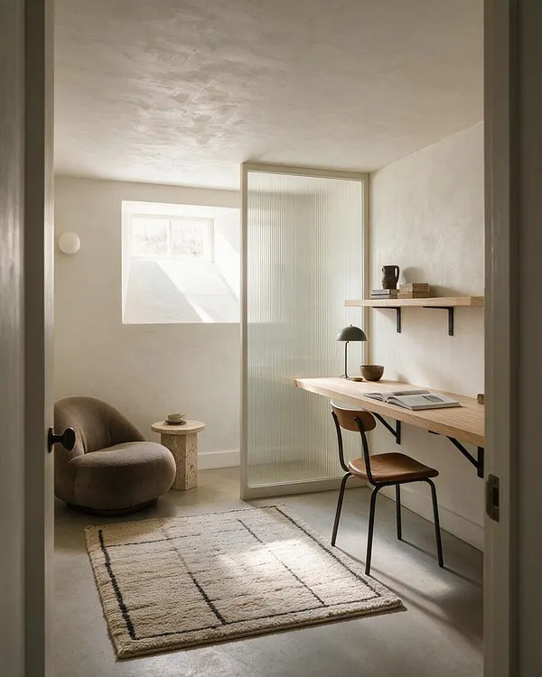 A compact modern basement workspace with soft neutral walls, a light wood wall desk, a molded chair, and a small rounded lounge chair. A frosted glass partition, textured rug, and warm accent lighting create a calm, minimalist atmosphere.