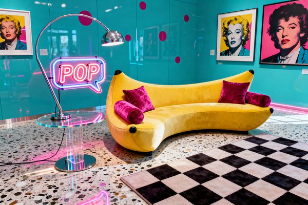 A vibrant living room features a curved, banana-like yellow velvet sofa with fuchsia velvet pillows on terrazzo flooring beside an acrylic side table and chrome arc lamp carrying a neon speech bubble that reads POP. Glossy teal wall panels dotted with magenta circles and framed pop portraits create a gallery backdrop, while a black-and-white checkerboard rug and pink LED lighting amplify the playful, high-contrast atmosphere.