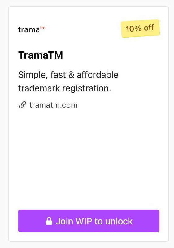 The image displays a promotional card for TramaTM offering a 10% discount on trademark registration services.