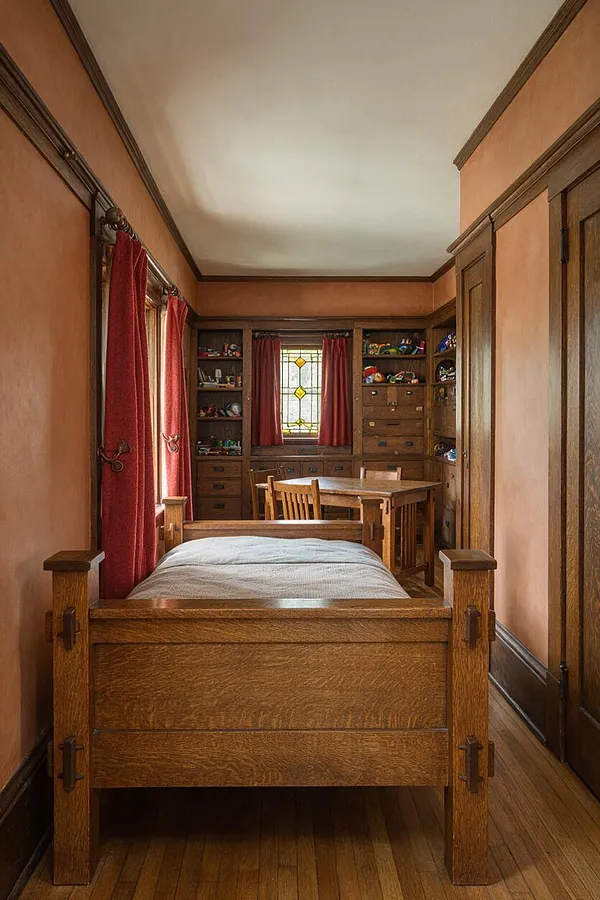 A narrow Craftsman-style kids' room with a wooden bed in the foreground, red curtains, and built-in shelving and drawers at the far end. A small wooden table and chairs sit beneath a stained-glass window, while warm peach walls, dark wood trim, and hardwood floors create a cozy, historic feel.