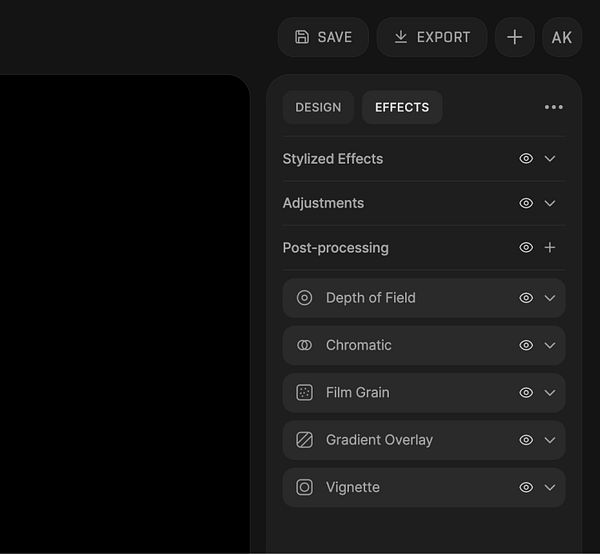 User interface of an effects settings panel titled 'start class finished' showcasing audio and visual effect controls within the Morflax Studio environment.