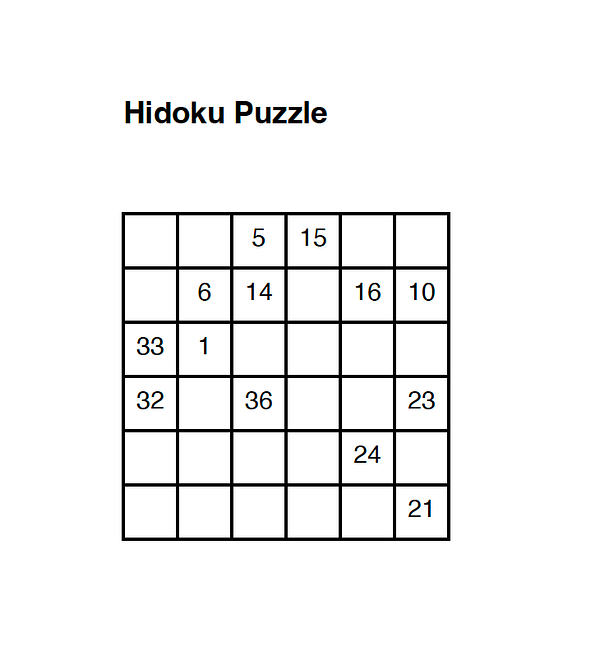 A Hidoku puzzle grid with numbers arranged in a 6x6 format.