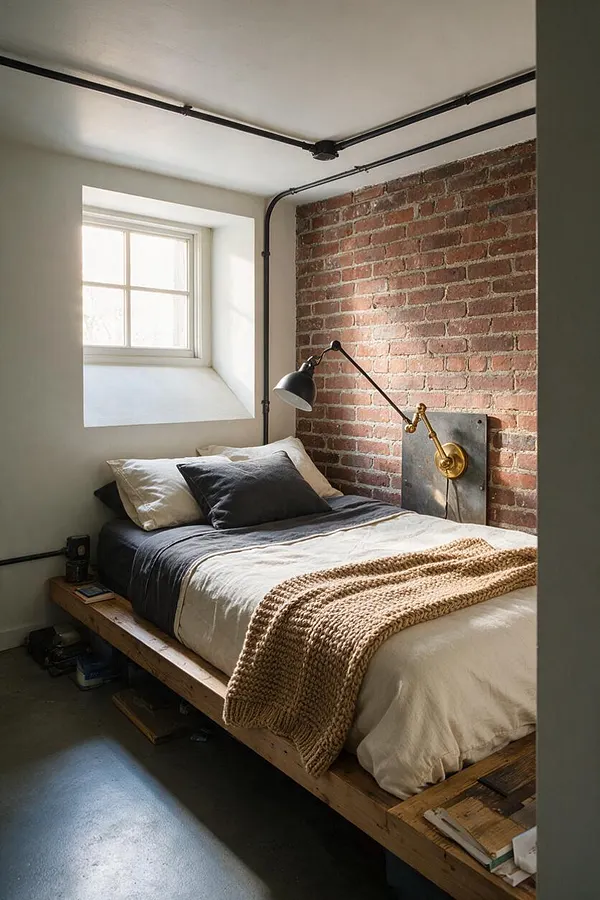A compact basement bedroom with an exposed red brick accent wall, a simple wood platform bed, and black metal pipework running along the ceiling. A small window brings in natural light, while layered neutral bedding, a knit throw, and an adjustable brass-and-black wall lamp soften the industrial look.