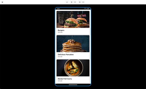 The image displays a mobile interface showcasing a grid of food items with their names and prices.