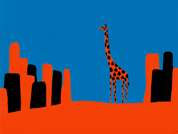 A stylized illustration of a giraffe standing amidst abstract shapes against a vibrant background.