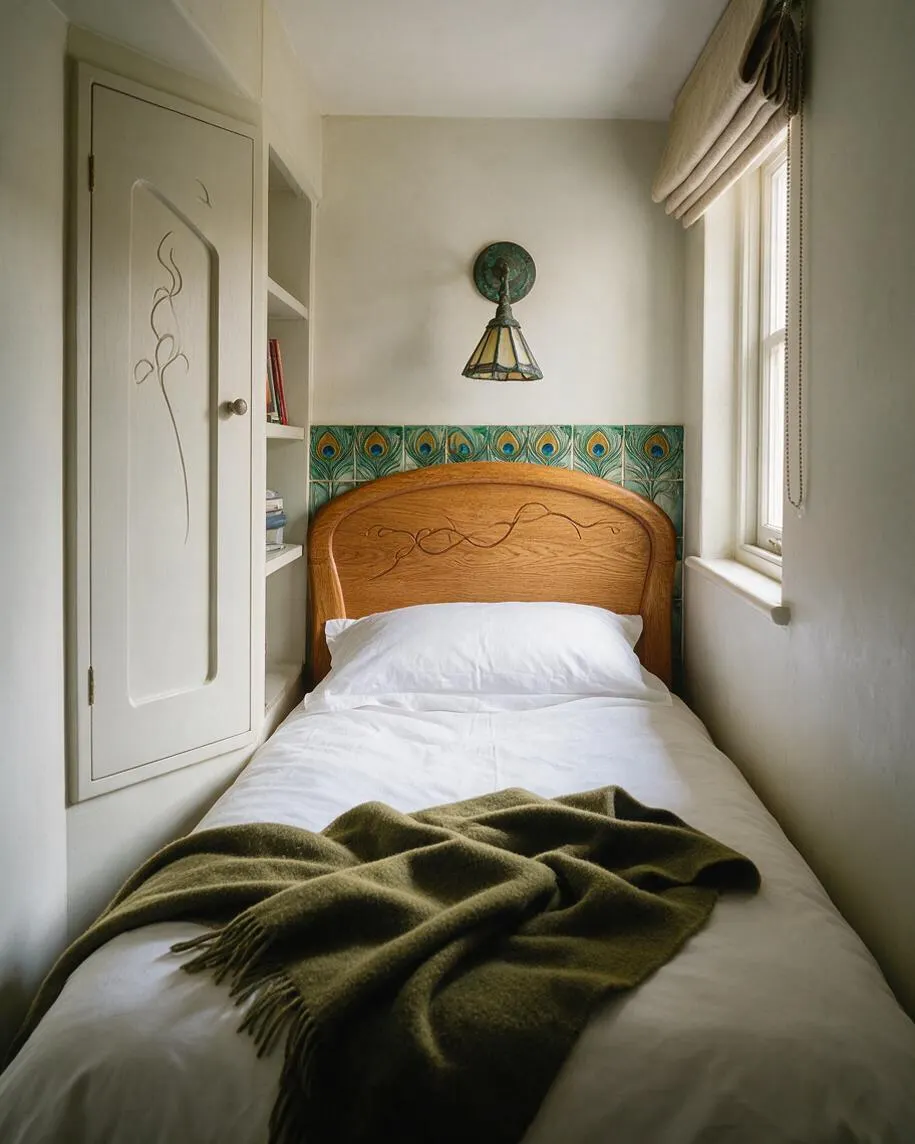 A narrow guest bedroom with a single bed dressed in white bedding and an olive green throw. The room features a carved wooden headboard, decorative peacock-style tile behind the bed, a floral line motif on the closet door, and a small stained-glass wall sconce beside a window with a beige Roman shade.