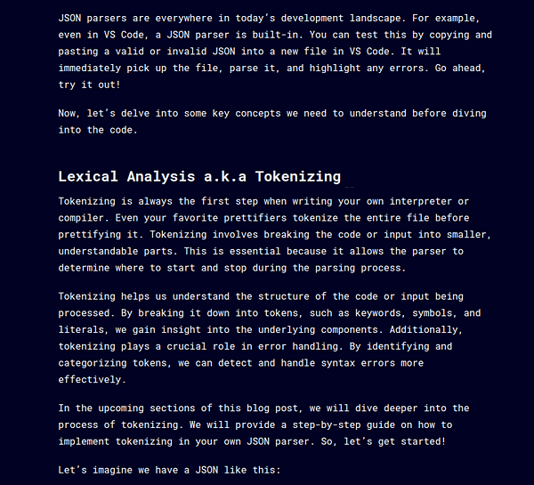 The image displays a section of a blog post discussing JSON parsing and tokenization.