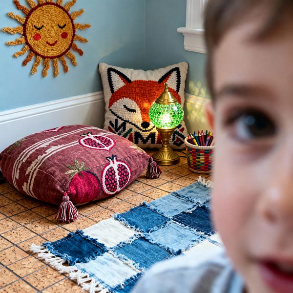 A cozy corner of a child’s room features sky-blue walls with white trim, a crochet sun wall hanging, and cork tile flooring. On the floor are a raspberry-red embroidered cushion with tassels, a tufted fox-face pillow, and a patchwork denim rug; a brass lamp with a glowing green mosaic shade sits beside a woven basket of colored pencils, while a child’s face appears close to the camera in the foreground, slightly out of focus.