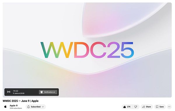 The image features a promotional graphic for Apple's WWDC 2025 event.
