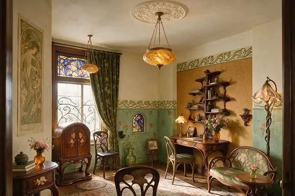 A richly decorated Art Nouveau home office with curved wooden furniture, green floral wall panels, stained-glass accents, and amber glass pendant lights. The room includes a carved desk, decorative shelving, upholstered seating, patterned curtains, and botanical motifs throughout.