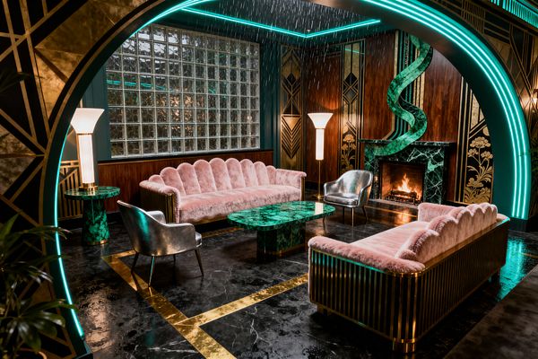 A glamorous Art Deco living room with two scallop‑backed sofas in blush pink velvet facing a glossy emerald green marble coffee table. Silver club chairs sit on a black marble floor with brass inlay borders. A green marble fireplace burns beneath walnut wall panels with gold geometric motifs. A large glass‑block window spans one wall, while ribbed torchère lamps and teal neon arches outline the ceiling and doorway, casting a dramatic, cinematic glow.
