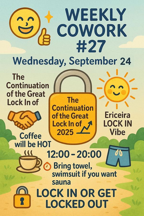 A colorful poster promoting the 27th weekly coworking event with various details and graphics.
