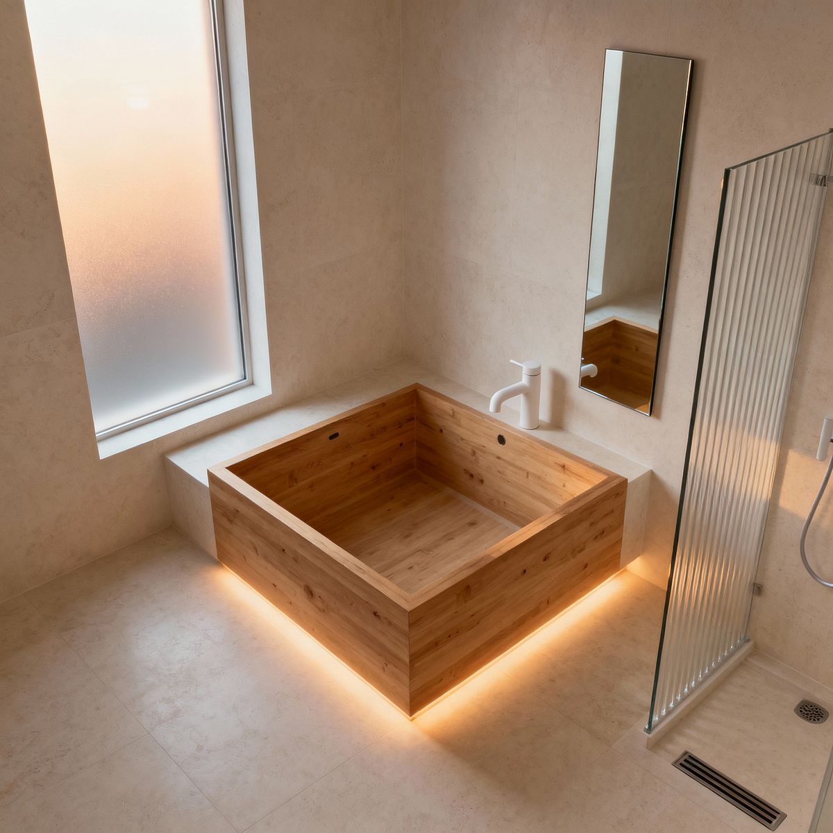 Room AI – Minimalist Bath with Wood Ofuro and LED Glow - Interior