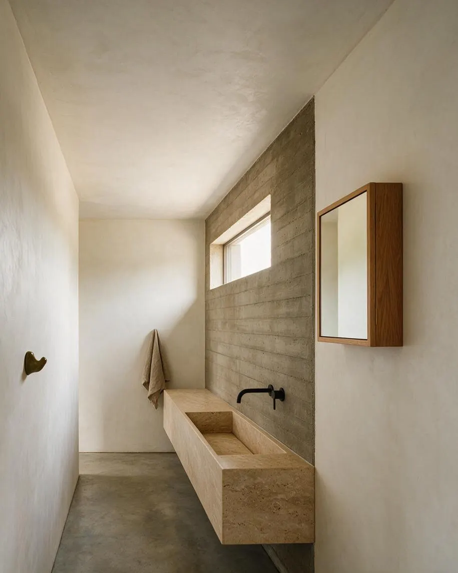 A narrow powder room with smooth white plaster walls, a raw concrete accent wall, and a long floating stone sink. A small horizontal window brings in natural light, while a wood-framed mirror cabinet and matte black faucet add contrast.