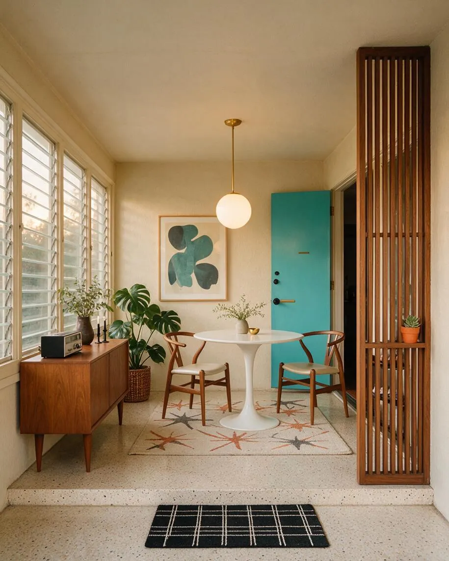 A mid-century modern front porch with a bright teal front door, walnut wood slatted screen, and a small round white pedestal table with two wooden chairs. The porch includes a warm wood side cabinet, a star-pattern rug, a globe pendant light, large louvered windows, and potted plants.