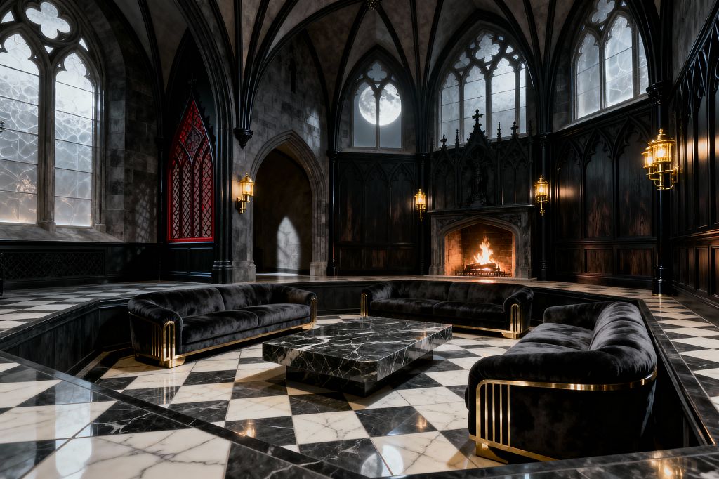 A grand Gothic living room with soaring ribbed vaults and pointed-arch leaded-glass windows. A step-down conversation pit centers on a low black marble coffee table and three curved black velvet sofas with brass accents over a glossy black-and-white marble floor; a stone fireplace glows as brass wall lanterns and moonlight highlight dark wood paneling and a vivid red lancet screen.