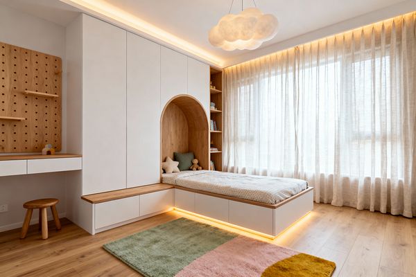 A modern kids’ room featuring white built-in cabinetry with an arched, oak-lined alcove integrated into a platform bed illuminated by warm LED underlighting; adjacent open shelves, a pegboard desk wall, and an L-shaped oak bench offer storage and play space. Floor-to-ceiling sheer beige curtains diffuse daylight, complemented by cove lighting and a cloud-shaped pendant, while a pastel rug in sage, blush, and mustard softens the light oak floor.