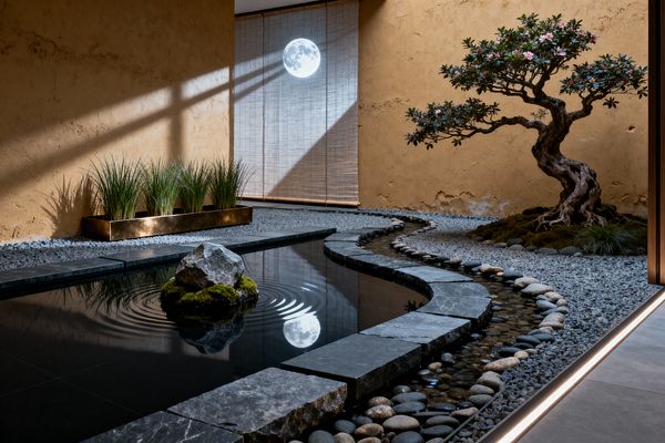 A serene courtyard patio features a reflective black pond bordered by charcoal slate pavers and a narrow curving stream lined with smooth river pebbles. An old bonsai tree rises from a moss mound beside warm ochre clay-plaster walls, a long bronze planter of grasses, and a woven bamboo screen printed with a full moon, with angled daylight and subtle LED floor lighting creating a quiet, meditative atmosphere.
