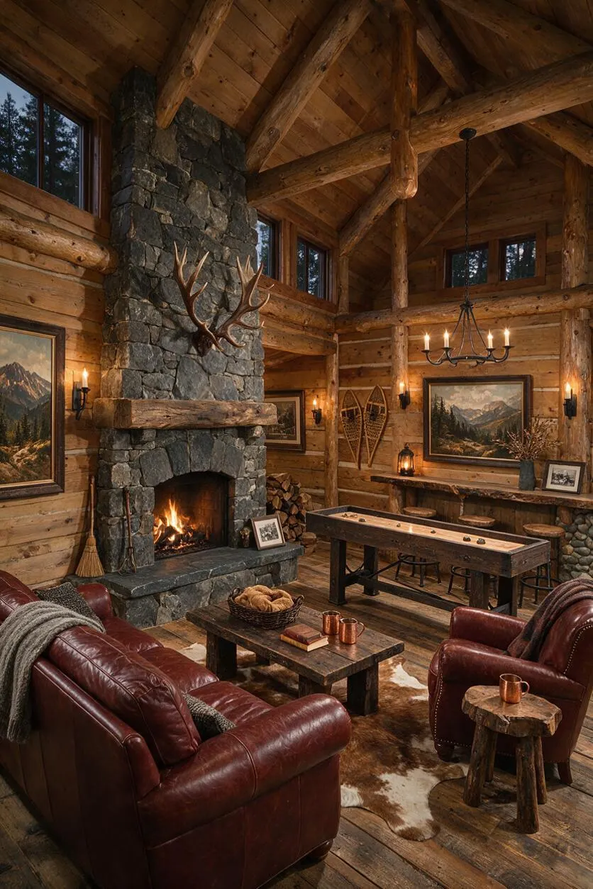 A rustic game room with a tall stone fireplace centered on a wood-paneled wall, topped by mounted antlers and surrounded by warm wall sconces. The room includes a shuffleboard table, leather seating, log beams, antler wall decor, and a chandelier hanging from the vaulted ceiling.