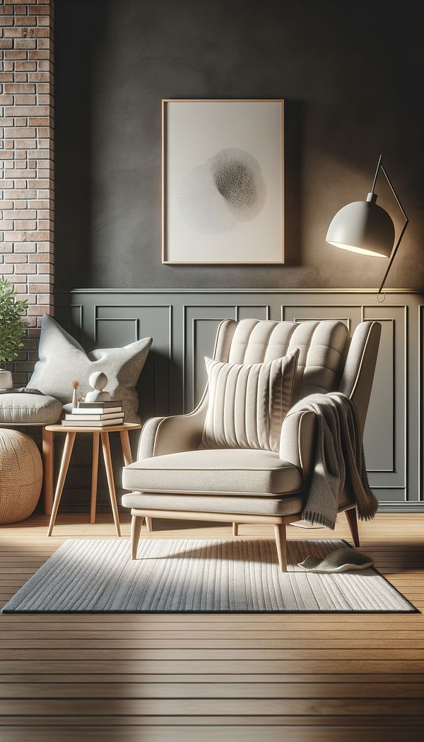 A cozy, spacious chair and a half in a stylish living room setting, with soft cushions and a throw blanket, positioned next to a small side table and lamp, creating an inviting reading nook.