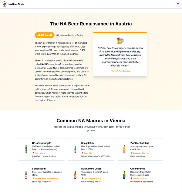 The image features a guide on non-alcoholic beer options in Vienna, Austria, highlighting growth in the market and popular brands.