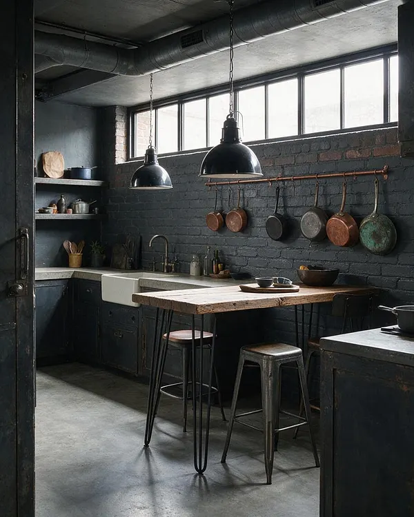 A compact basement kitchen with dark painted brick walls, a concrete floor, and exposed ceiling ductwork that emphasizes the industrial style. Black pendant lights hang over a rustic wood island with metal hairpin legs, while open shelves, a farmhouse sink, and hanging copper and dark cookware add functional warmth.
