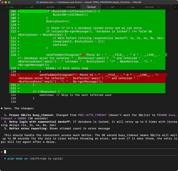 The image displays a terminal window showing code related to handling SQLite database lock errors.