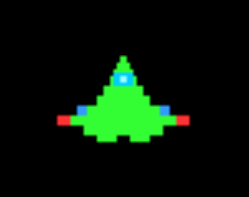 A pixelated green spaceship with blue and red accents.
