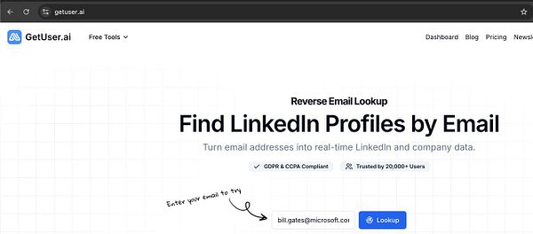 The image displays the homepage of the GetUser.ai website, featuring a reverse email lookup tool for LinkedIn profiles.