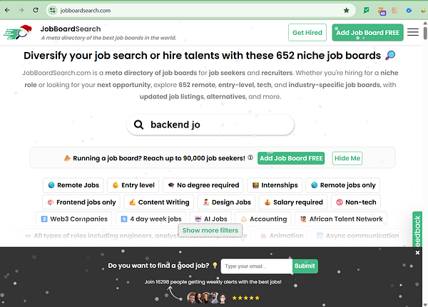 The image displays a webpage from JobBoardSearch.com featuring job search options and filters.