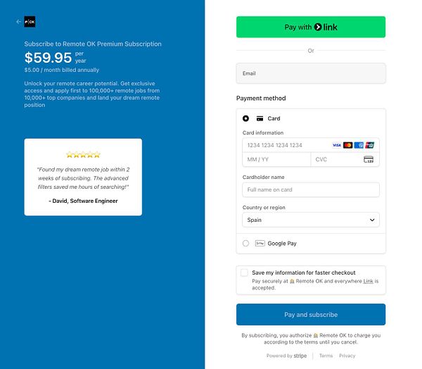 The image displays a subscription page for Remote OK's premium service with a payment interface.