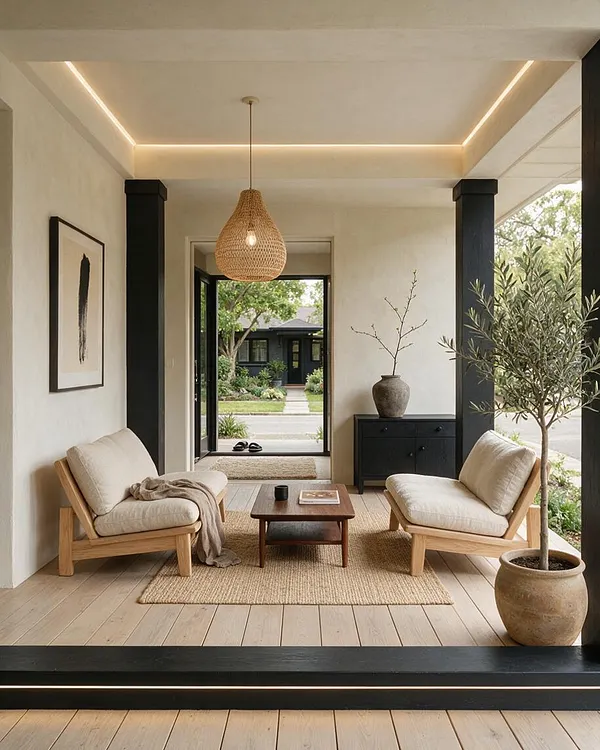 A calm front porch styled in Japandi design, featuring two low wooden lounge chairs with cream cushions, a small wood coffee table, and a woven pendant light overhead. The space has light wood flooring, black structural columns, a neutral textured rug, a dark cabinet with a vase, and a potted olive tree by the entry.