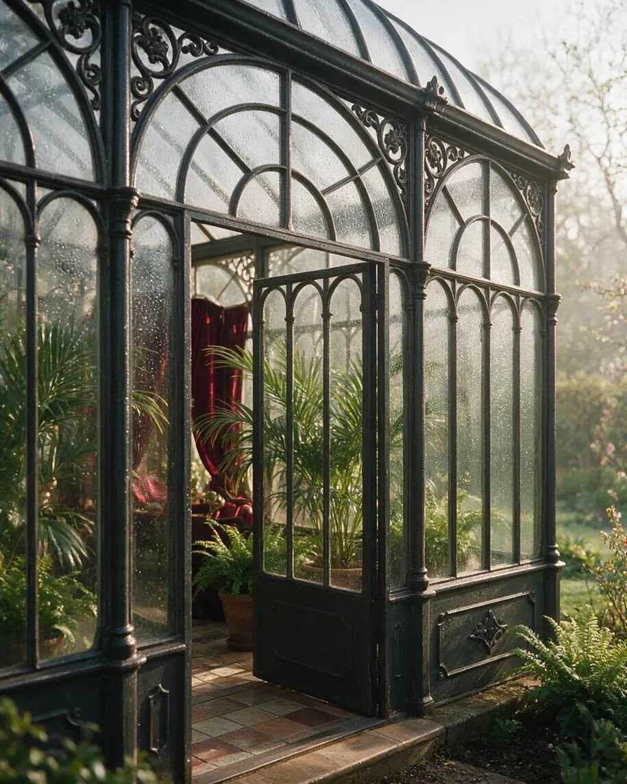 A Victorian-style conservatory exterior with dark painted metal framing and tall arched glass panels. Decorative scrollwork, a glazed domed roof, and an open doorway reveal potted tropical plants and a warm interior with burgundy drapery, all set in a lush garden.