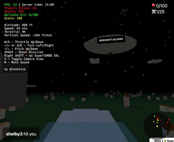 A gameplay screenshot from a flying game showing player stats and controls.