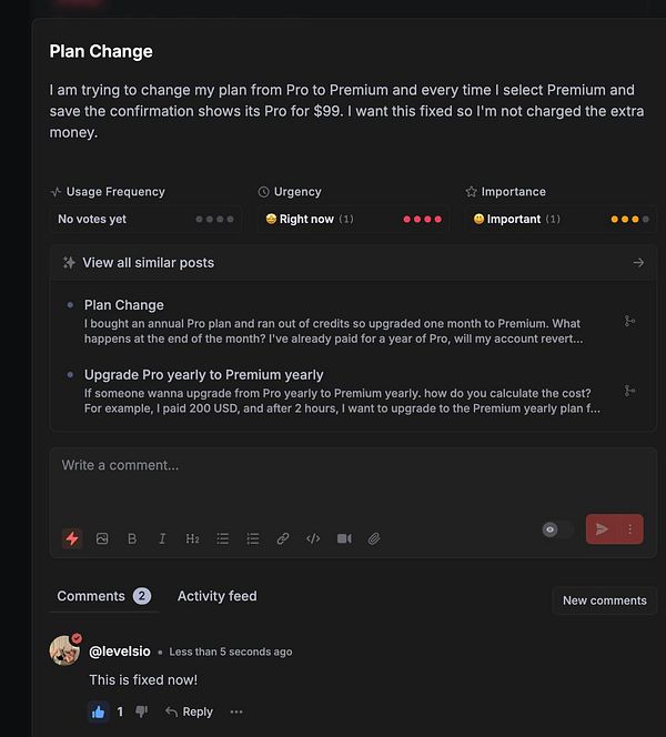 The image displays a user interface for a task management platform discussing a plan change issue.