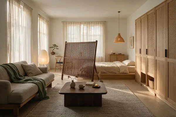 A serene studio apartment with a low sofa, wooden coffee table, and a bed framed by a slatted wood room divider. Sheer curtains filter soft daylight, while a large oak wardrobe with cane panels lines the right wall.