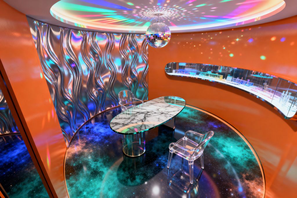 A circular home office with curved orange walls features an oval desk with a glass top and marble-like surface, flanked by two transparent acrylic chairs on a glossy galaxy-patterned floor. A mirrored disco ball and cove ceiling lights cast multicolored reflections onto a wavy iridescent chrome wall and a long mirrored display niche, creating a vibrant, space-age atmosphere.