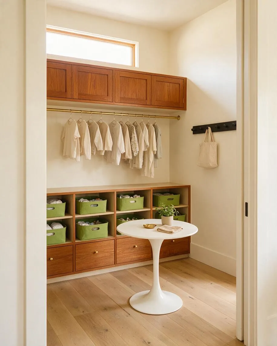 A bright walk-in closet with warm walnut built-ins, a brass hanging rod, and neatly arranged white garments. Green storage bins sit in open cubbies above lower drawers, while a small white tulip table adds a mid-century modern touch beneath a high window.