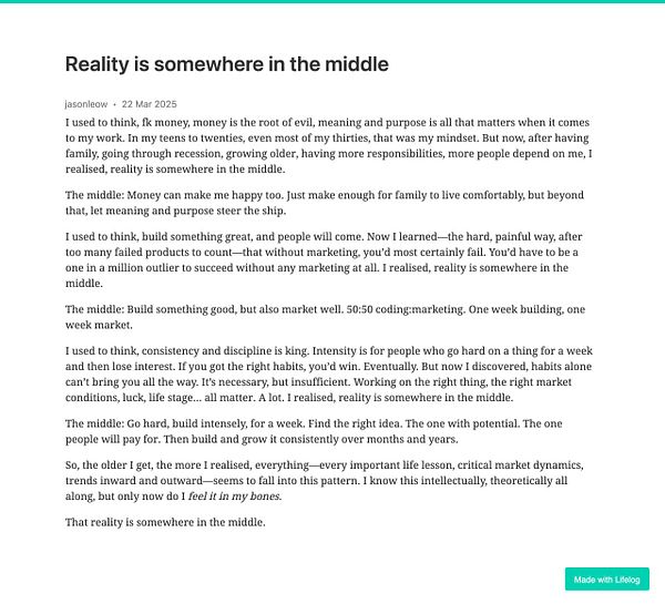 The image features a blog post titled 'Reality is somewhere in the middle' discussing the balance between money, purpose, and marketing in life and work.