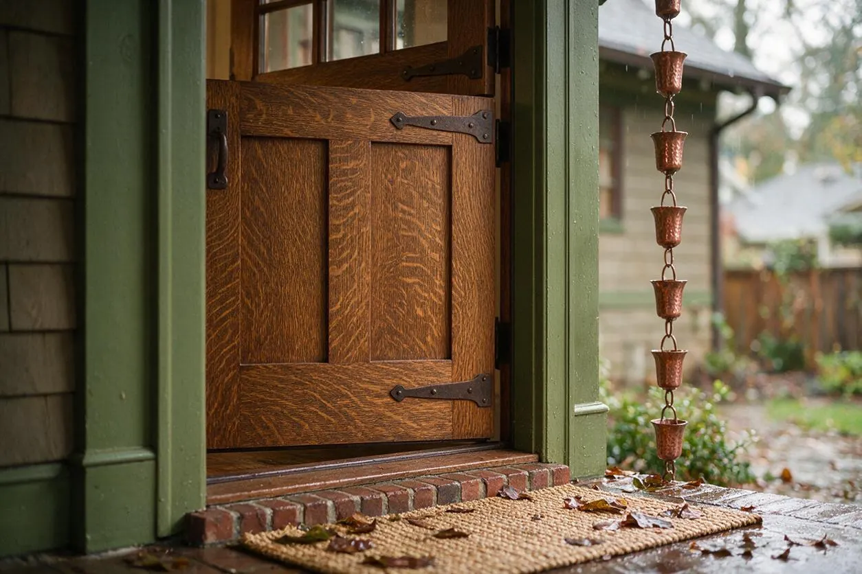 A close view of a Craftsman-style exterior porch featuring a rich stained wood door with dark iron strap hinges, sage green trim, and a brick threshold. A woven natural doormat and a hanging copper planter chain add texture, while damp leaves suggest a calm, rainy day atmosphere.