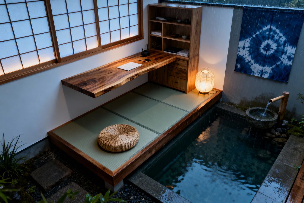 A compact Japanese-style home office features a raised tatami platform with an L-shaped, live-edge wood desk attached to a shelving unit. A woven round cushion sits on the mats, and a paper lantern casts warm light near shoji screens. To the right, a stone basin with a bamboo spout feeds a narrow reflective pool, framed by dark pavers and plants. An indigo shibori textile hangs on the wall as rain ripples the water.