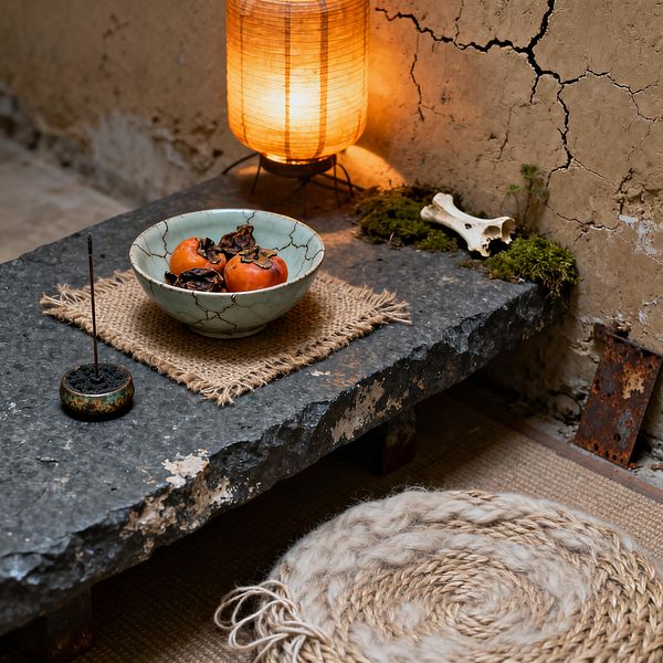A small Wabi-Sabi living room corner with a low, rough stone bench against a cracked clay-plaster wall, topped with a celadon crackle-glazed bowl of persimmons on a jute mat, a tiny ceramic incense holder, and a patch of moss with a pale bone beside a warm washi paper lantern. Below, a braided wool-jute floor cushion rests on a natural fiber rug, creating a quiet, earthy setting defined by age, texture, and soft amber light.