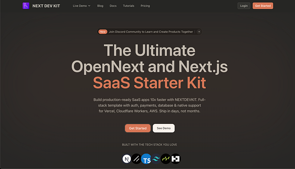The image displays a promotional webpage for the Next Dev Kit, highlighting its features and benefits for building SaaS applications.