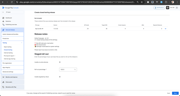 The image displays the Google Play Console interface for creating a closed testing release for the One QR app.