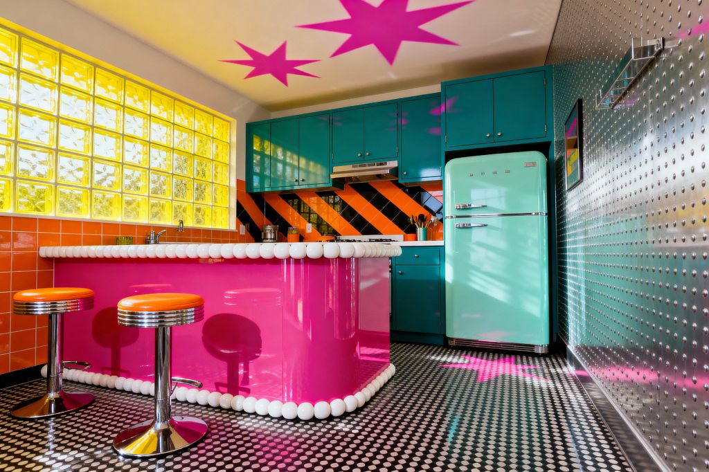 A Pop Art kitchen with a glossy hot-pink island edged in white spheres, two chrome barstools with orange vinyl seats, teal flat-panel cabinets, and a mint retro refrigerator. An orange-and-black diagonal tile backsplash, yellow glass-block window, dimpled metal accent wall, and black-and-white penny-round floor complete the bold, graphic space lit by bright natural light.
