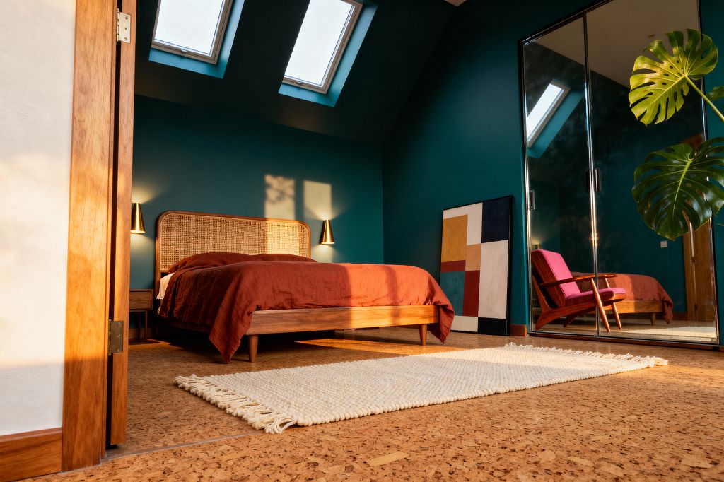 A mid-century modern bedroom with deep teal walls and two skylights features a low teak platform bed with a woven cane headboard, rust linen bedding, and brass cone sconces. The room has cork flooring with an ivory wool runner, a mirrored wardrobe reflecting a magenta lounge chair, a leaning geometric artwork in mustard, navy, and terracotta, and a large monstera leaf at the edge, all illuminated by warm natural light.