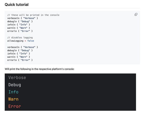 The image displays a quick tutorial for a Kotlin logging library, including code snippets and output examples.