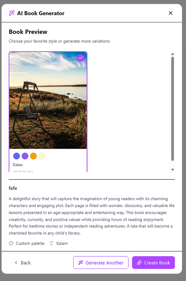 The image displays a user interface for an AI book generator, featuring a book preview and a description of a children's story.