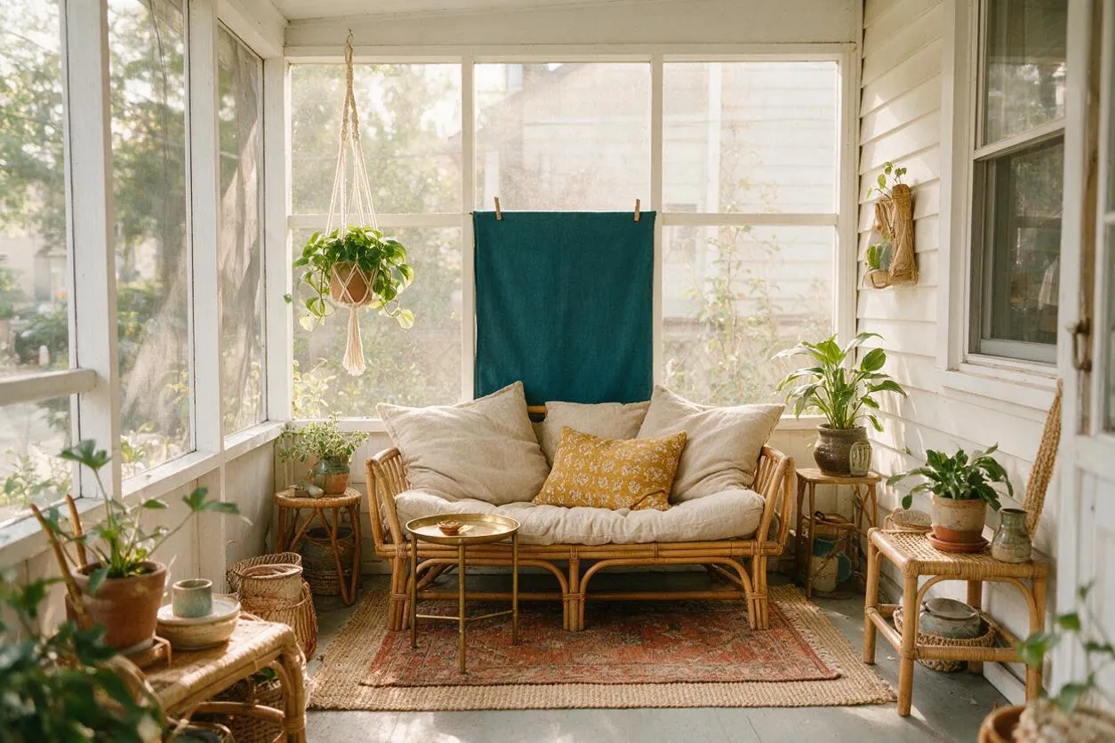 A screened front porch with a rattan loveseat centered against bright windows, layered with cream cushions and a mustard floral pillow. The space includes hanging and potted plants, woven side tables, natural fiber rugs, and a teal textile backdrop, creating a relaxed bohemian atmosphere.